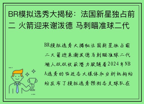BR模拟选秀大揭秘：法国新星独占前二 火箭迎来谢泼德 马刺瞄准球二代 湖人双双收获潜力股